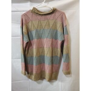 Pink Lady Casual‎ Wear Vtg Knitted Sweater Sz M Pink Beige Blue Mock Neck